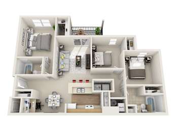 A 3D floor plan of a house with labeled rooms.