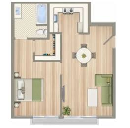 A floor plan of a house with a kitchen, living room, and two bedrooms.