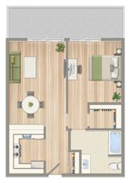 A floor plan of a house with a dining area, living room, kitchen, and bathroom.