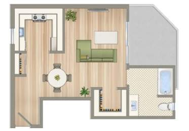 A floor plan of a house with a living room, kitchen, and bathroom.