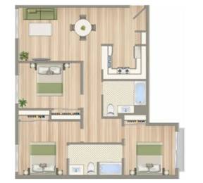 A floor plan of a house with a central courtyard and four bedrooms.
