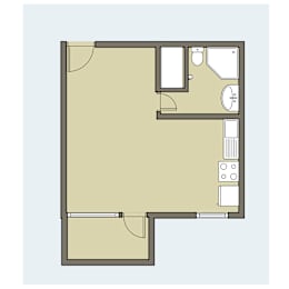 Floor Plan  Kewalo Studio floor plan of a room with a kitchen area and a bathroom.