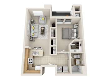 A 3D floor plan of a small apartment with a kitchen, living room, and bathroom.