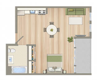 A floor plan of a small apartment with a kitchen, living room, and bathroom.