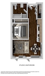 a stylized floor plan of a studio apartment with a bedroom and a bathroom
