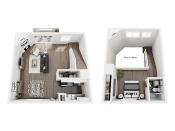 A top down view of a small apartment with a living room and kitchen.