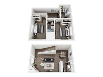 Nova Townhomes 3D Floor Plan two bedroom, two bathroom