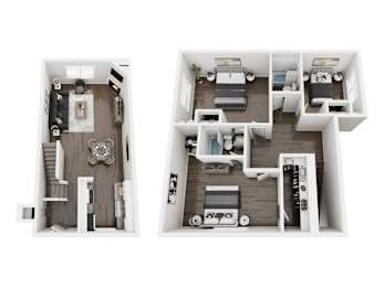 Nova Townhomes 3D Floor Plan three bedroom, two bathroom