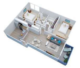 Milano Apartments 3D One Bedroom Two Bathroom Floor plan