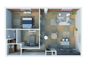 South Park Lofts 3D Floor Plan Two Bedroom, One Bathroom