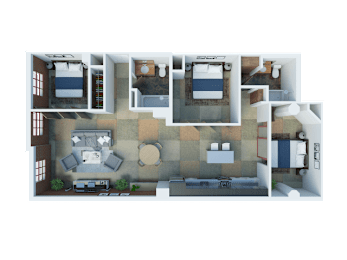 South Park Lofts 3D Floor Plan Three Bedroom, Two Bathroom