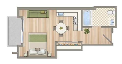 A floor plan of a house with a kitchen, living room, dining room, and bathroom.