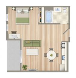 A floor plan of a small apartment with a kitchen, living room, and bathroom.