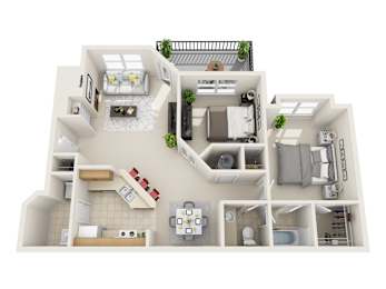 A 3D floor plan of a house with multiple rooms and furniture.