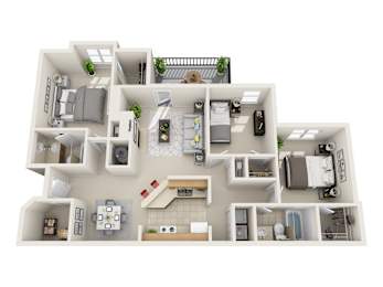 A 3D floor plan of a house with multiple rooms and furniture.