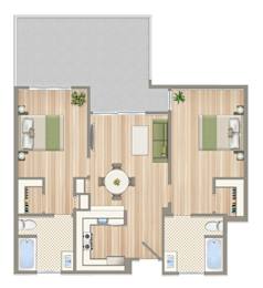 A floor plan of a house with a central open space and rooms surrounding it.