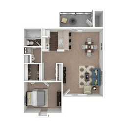 A 3D floor plan of a small apartment with a kitchen, living room, and bathroom.