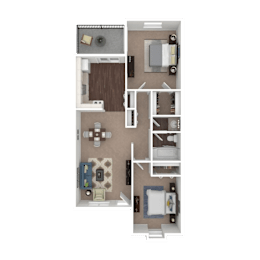 A detailed floor plan of a small apartment with a kitchen, living room, and bedrooms.