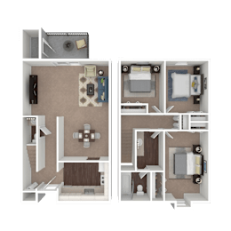 A floor plan of a two-bedroom apartment with a living room, kitchen, and bathroom.
