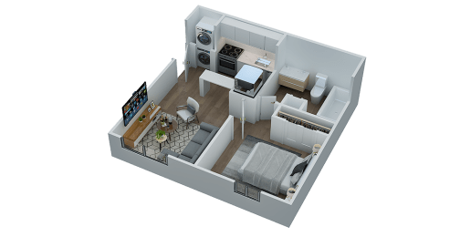 a 3d floor plan of a bedroom and living room