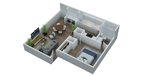 a 3d floor plan of a house with a bedroom and a living room