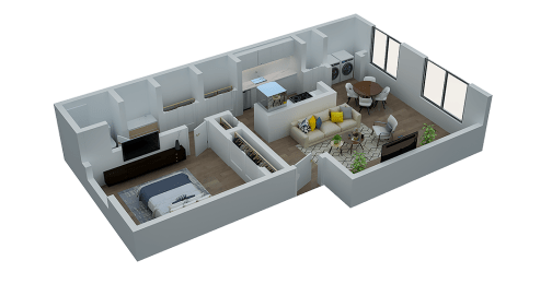 a 3d floor plan of a house with a bedroom and a living room