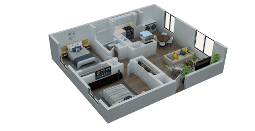 3d floor plan of a bedroom and living room