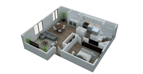 a 3d floor plan of a bedroom and living room