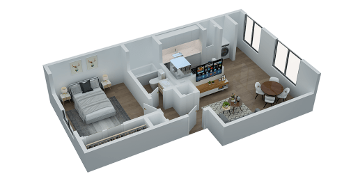 a 3d floor plan of a bedroom and living room