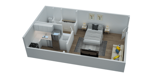 a 3d floor plan of a room with a bed and a desk