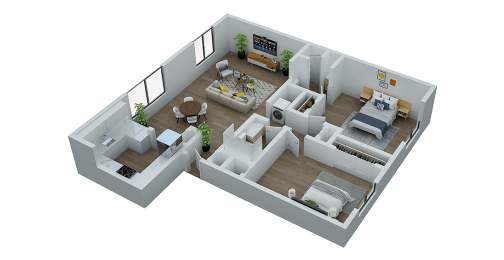 3d floor plan of a bedroom and living room