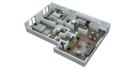 a 3d floor plan of a bedroom and living room