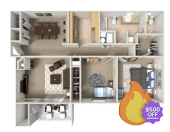 A 3D floor plan of an apartment with a kitchen, living room, and two bedrooms.