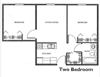 A black and white diagram of a two bedroom apartment.