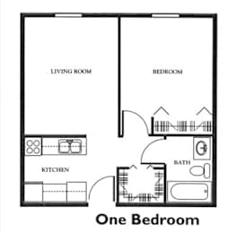 A black and white diagram of a one bedroom apartment.