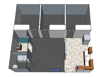 A 3D floor plan of a house with a kitchen, living room, and bathroom.