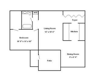 A floor plan of a small apartment with a bedroom, living room, kitchen, and dining room.
