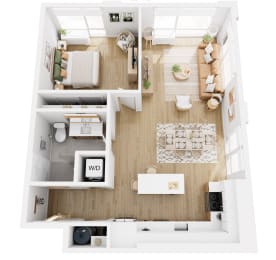 Apartments in Lancaster | a 3d drawing of a bedroom with a living room