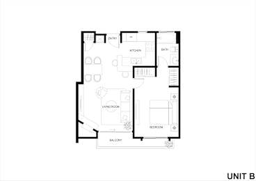 A floor plan of a unit with a living room, kitchen, bathroom, bedroom and balcony.