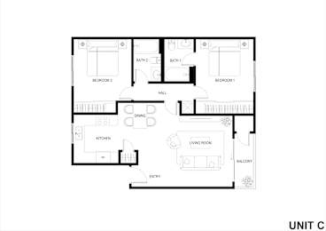 A floor plan of a unit with two bedrooms, a kitchen, a living room, a bathroom, a balcony, and an entry.