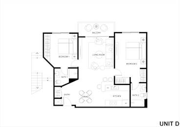 A black and white image of a floor plan for a unit with a living room, two bedrooms, a bathroom, an entry, a kitchen, and a balcony.