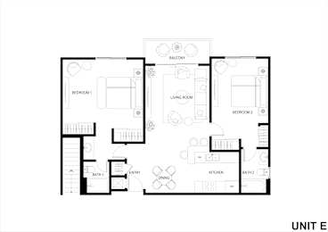 A black and white image of a floor plan for a unit E.