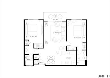 A floor plan of a unit with a living room, two bedrooms, a bathroom, a dining area, and a kitchen.