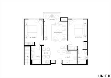 A black and white image of a floor plan for a unit labeled "Unit K".