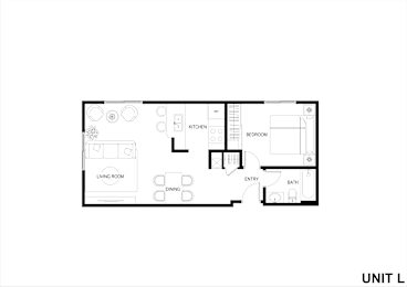 A floor plan of a unit with a living room, kitchen, dining area and bedroom.