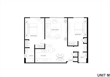 A black and white floor plan of a unit with labeled rooms.