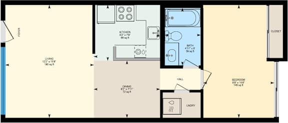 A floor plan of a house with a living room, kitchen, and one bedroom.