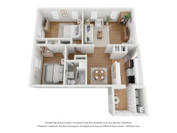 a stylized 3d floor plan with a bedroom and a living room