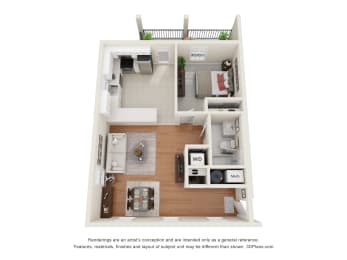 a stylized floor plan of a 1 bedroom apartment