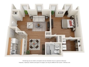 a 1 bedroom floorplan is shown in this rendering